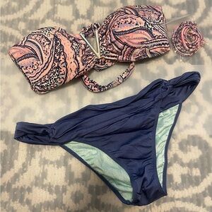 Victoria Secret Bandeau Bikini Set - Pink Paisley Top & Navy Bottom